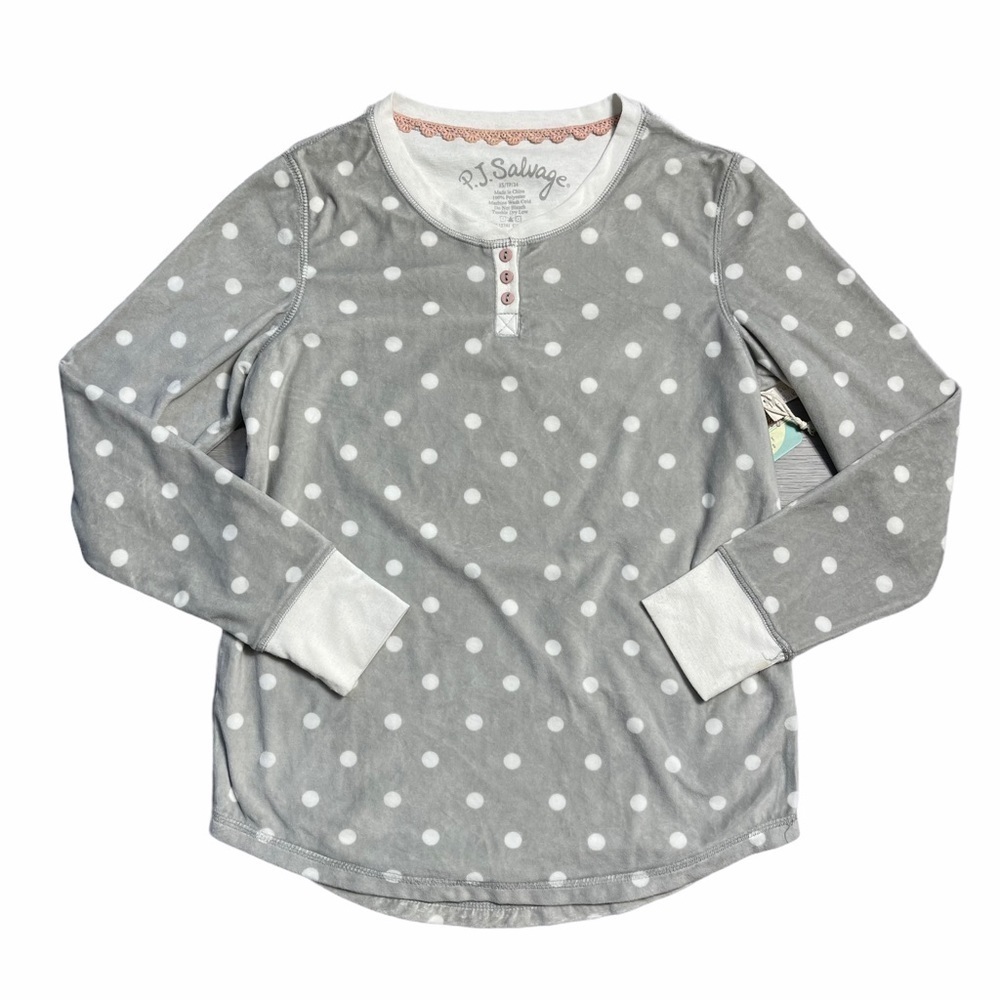 PJ Salvage Grey & White Polka Dot Fleece Top XS